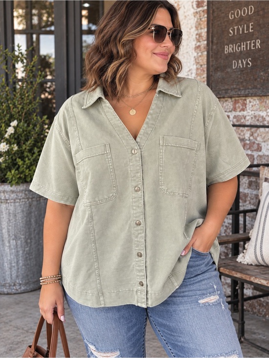 Jane and Delancey Tops - Jane + Delancey Sage Green Short Sleeve Button-Up Shirt